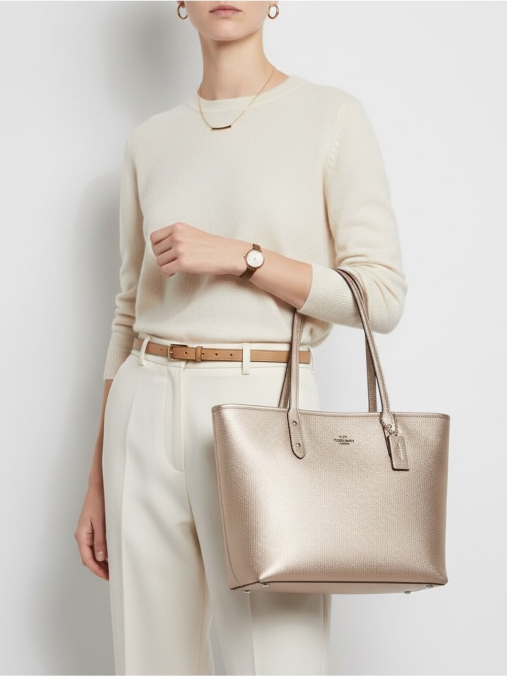 Coach Metallic Champagne Gold Leather Tote 16”x10”